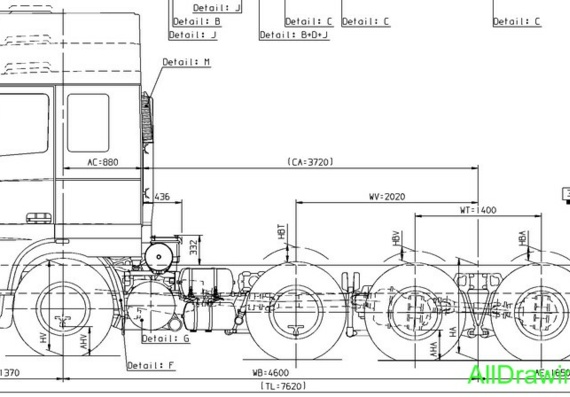 DAF XF 95 (Четырехосный) (2002) чертежи (рисунки) грузовика